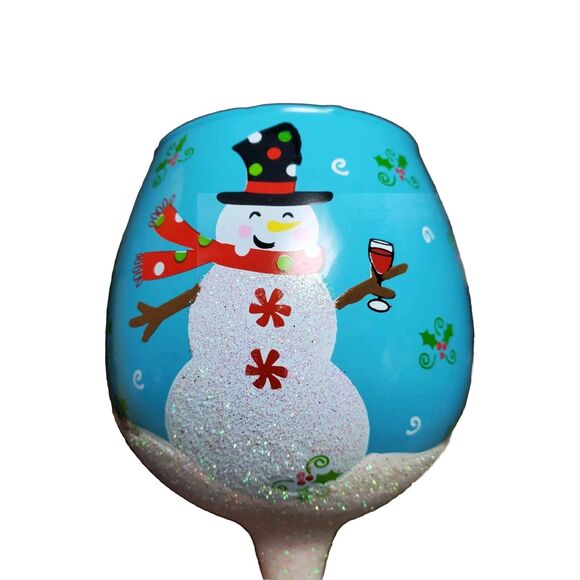 Christmas Handblown Wine Water Glass Hand Painted Blue Snowman Adult Humor Gift - Picture 5 of 8